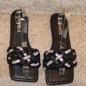 Berness Black Braided Slide Sandals Size 8 Rhinestone Woven Strap Square Toe